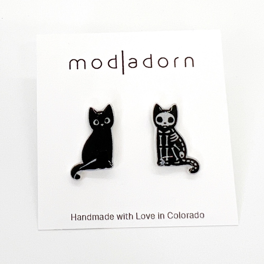 Handmade Halloween Skeleton Kitty Cat Stud Earrings Spooky Fall Season - Picture 2 of 4
